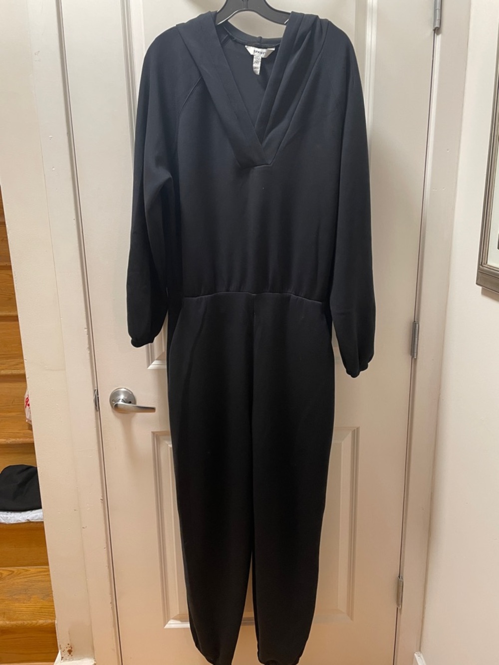 SPANX Black Long Sleeve V-Neck Hooded Jumpsuit